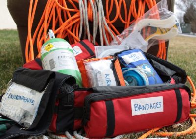 Photo of Western Mountain Rescue Team's Gear Bag full of medical supplies like bandages, ropes, and oxygen used for rescues.