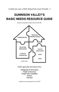 Cover of the Basic Needs Guide that looks like a house made of puzzle pieces that say Emergencies, Medicaid Opportunities, Recovery Resources - Getting Connected, and Youth Discounts Food Pets.