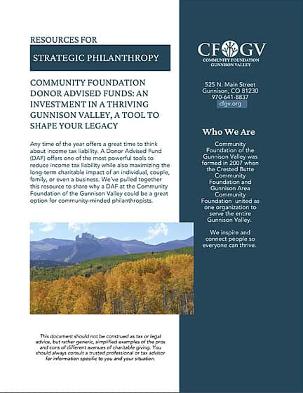 Cover of the Resources for Strategic Philanthropy DAFs brochure with the title, CFGV logo, and a photo inset of the Castles and golden aspen.