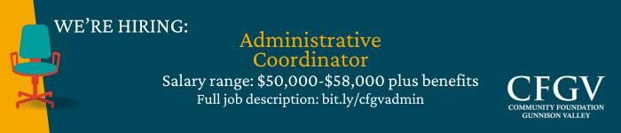 image showing an empty chair with text: "WE'RE HIRING, Administrative Coordinator, Salary range: $50,000-$58,000 plus benefits, Full job description: bit.ly/cfgvadmin